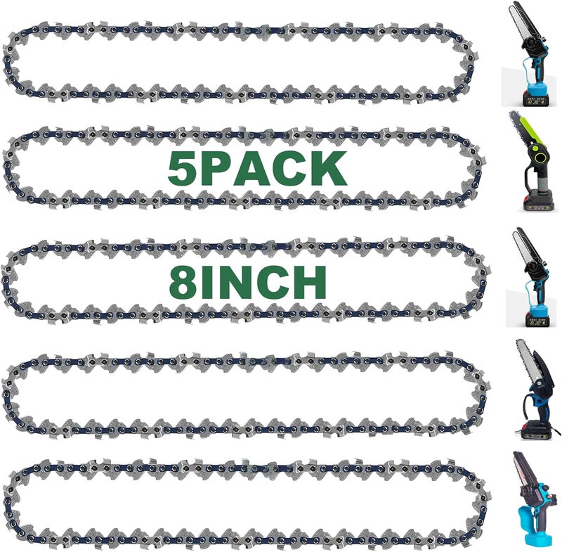 CaeyBrye 8 Inch Chainsaw Chain Replacement- 5 Chains for 8 Inch Mini Chainsaw with 45 Drive Links, 1/4" LP pitch, 043'' gauge, Compatible with Cordless Electric Battery Powered Mini Chainsaws - Image 1